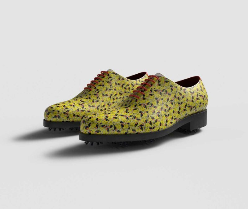 View of model Duckey, exclusive painted recycled leather golf shoes Model Duckey Golf BespokeShoes