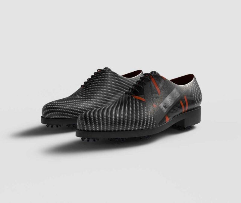 View of model Carbon Fiber, exclusive painted recycled leather golf shoes Model Carbon Fiber Golf BespokeShoes