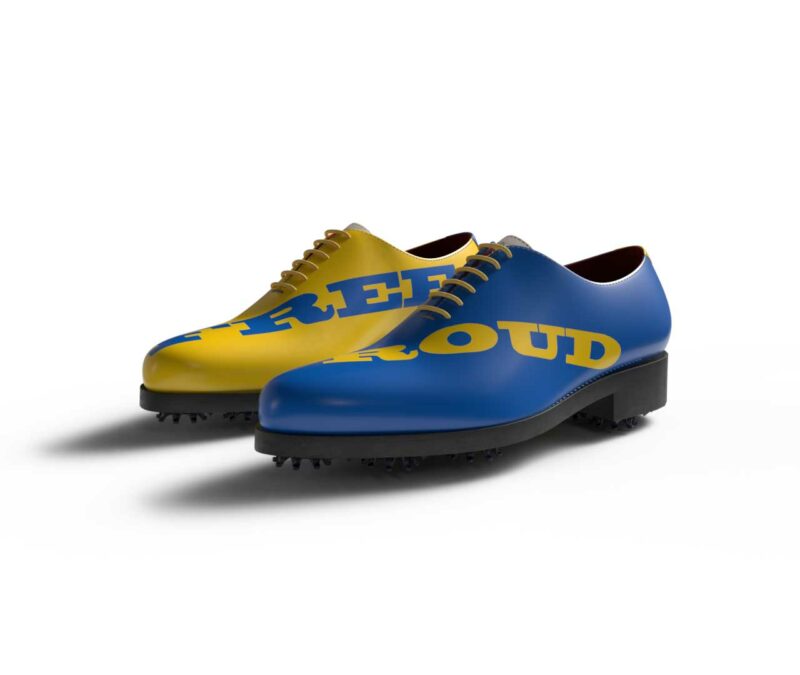 View of model Proud Free, exclusive painted recycled leather golf shoes Model Proud Free Golf BespokeShoes