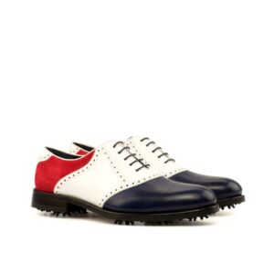 Front view of model Mike, white box calf + navy painted calf + red kid suede Golf BespokeShoes