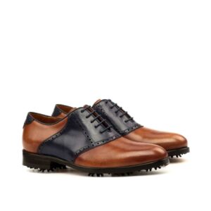 Front view of model Zackary, med brown painted calf + navy painted calf Golf BespokeShoes